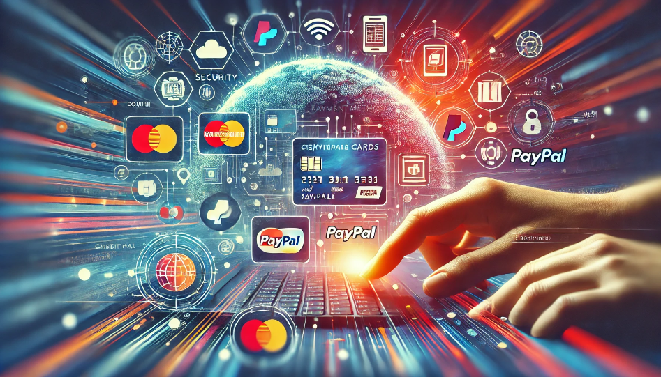 Vibrant e-commerce platform scene with multiple payment methods, including credit cards and PayPal, featuring security and encryption icons.