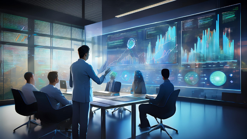 A business team in a modern office analyzing data and performance charts on a large screen, focusing on strategies for improving business operations and growth.