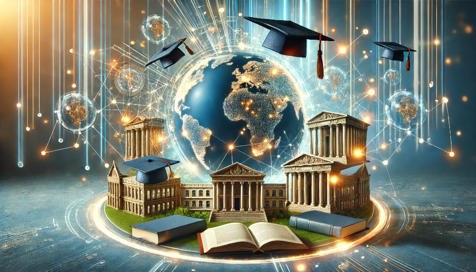 A creative representation of top universities and MBA education, featuring graduation caps, books, academic buildings, and interconnected glowing lines symbolizing global leadership and innovation.