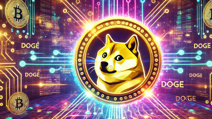 Futuristic Dogecoin (DOGE) concept with glowing digital networks and connections, symbolizing its community-driven growth and digital asset potential.