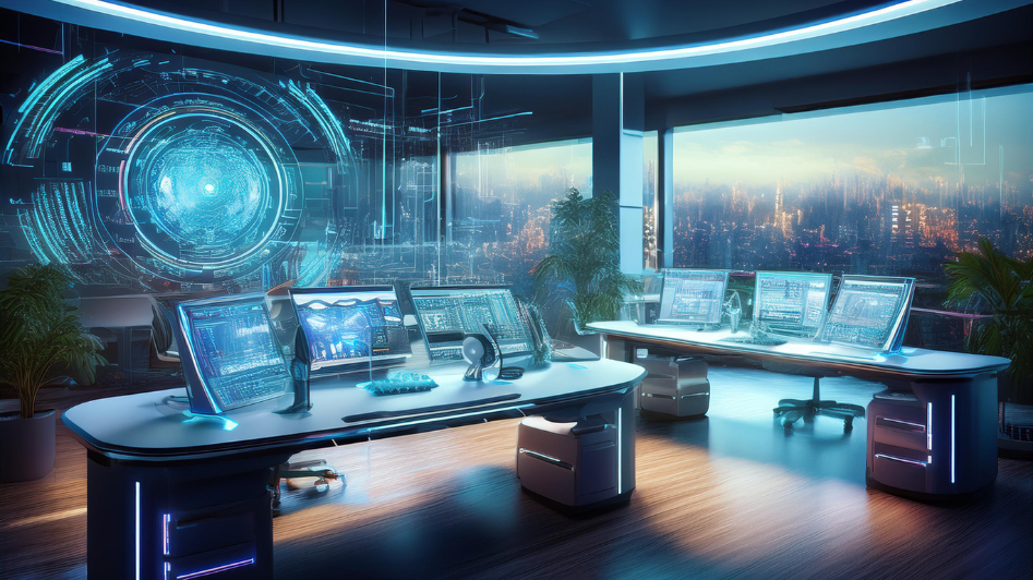 Futuristic workspace with advanced computers featuring holographic displays and AI-powered systems, symbolizing the next evolution in computing technology beyond traditional computers and smartphones.