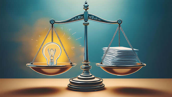 Balanced scale with a glowing lightbulb on one side representing innovation, and a stack of papers on the other side symbolizing structure, highlighting the balance between creativity and organization in management techniques