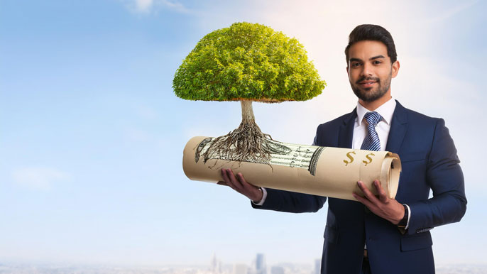 A businessman holding a legal scroll with a tree growing from it, symbolizing how legal compliance acts as the foundation for business growth and financial success, represented by the tree's flourishing branches.