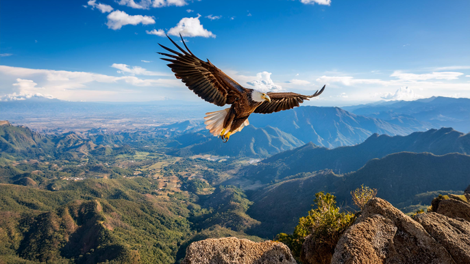 A powerful eagle soaring through the sky with its wings wide open, overlooking a landscape of mountains and valleys, symbolizing strength, resilience, and visionary leadership in entrepreneurship.