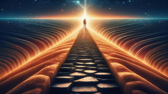 Walking on a path of stepping stones toward a bright, glowing horizon. The path represents the journey of decision-making in entrepreneurship, with abstract energy lines symbolizing challenges and opportunities along the way.