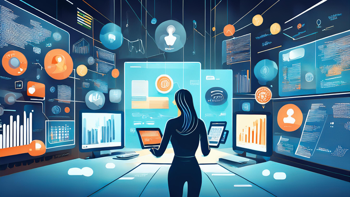 Digital representation of a business setting where feedback and customer experience data are analyzed through multiple screens, charts, and graphs, symbolizing the importance of surveys and feedback in improving business performance.