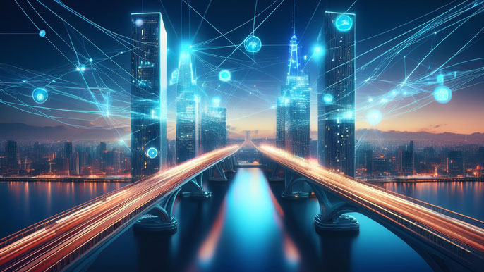 A futuristic bridge connecting two skyscrapers, with glowing digital icons representing relationships and transactions, symbolizing the interconnectedness between building strong business relationships and ensuring seamless transactions for success.