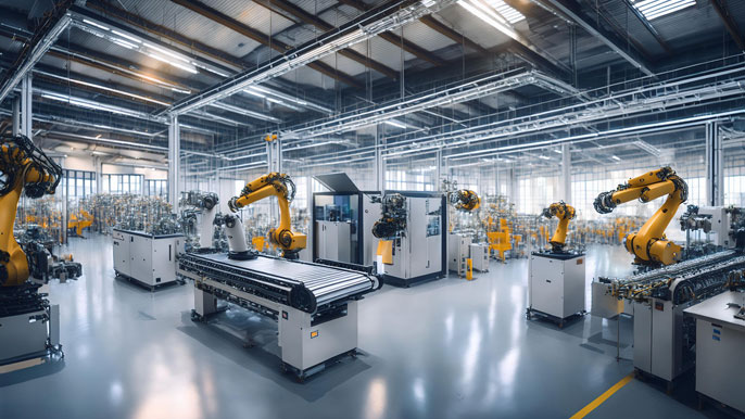 A large modern factory with robotic arms and automated machines on a production line, illustrating how businesses can outsource manufacturing to contractors, focusing on efficient mass production while freeing up resources for design and marketing.