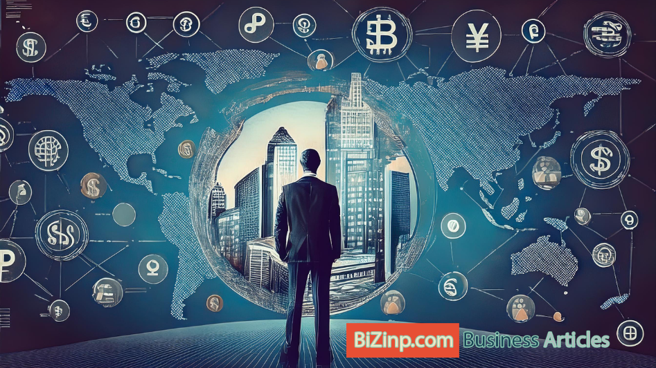 A business professional facing a city skyline, with a world map and currency symbols, representing global entrepreneurship and international business opportunities.