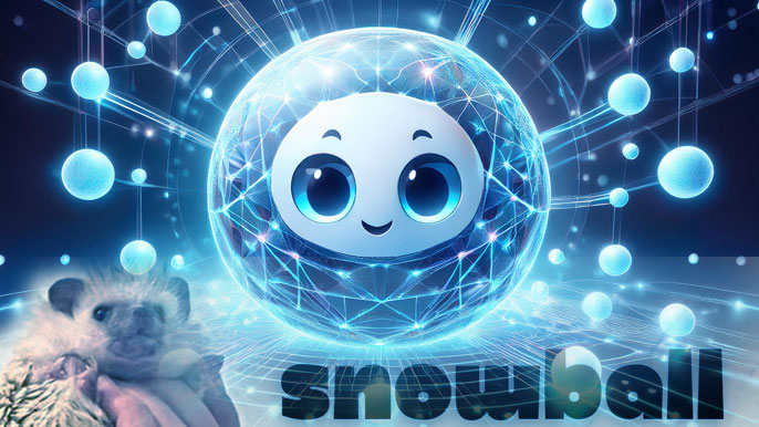 A glowing snowball mascot surrounded by digital network nodes, symbolizing SNOWBALL Token’s role in NFTs, gaming, and DeFi ecosystems.