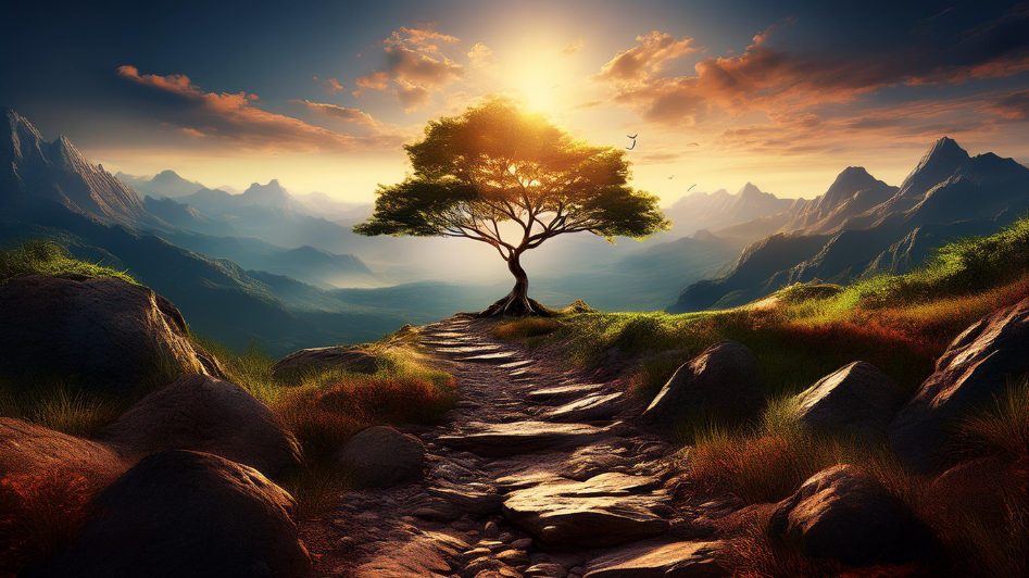 Path leading to a resilient tree under a rising sun, symbolizing overcoming challenges and bouncing back stronger in entrepreneurship.