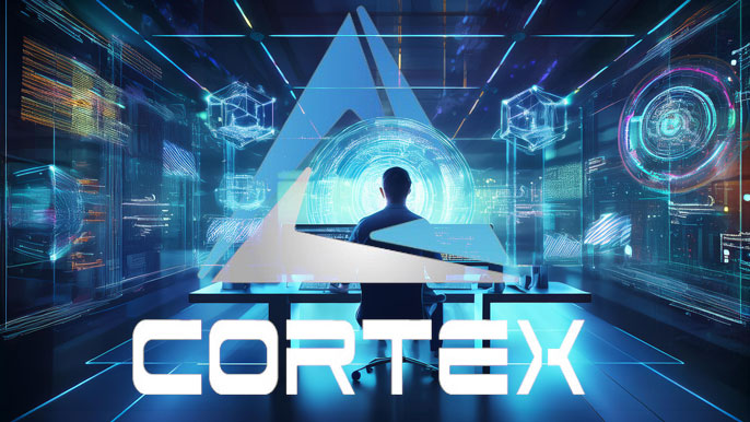 A developer working in a high-tech environment with holographic AI models and blockchain diagrams, symbolizing the Cortex ecosystem's AI-powered blockchain capabilities.