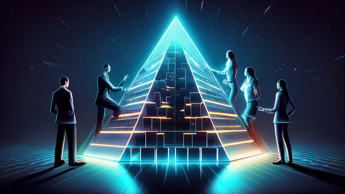 A glowing futuristic pyramid made of interconnected blocks, with professionals aligning the pieces as they scale it, symbolizing structured and balanced business growth.