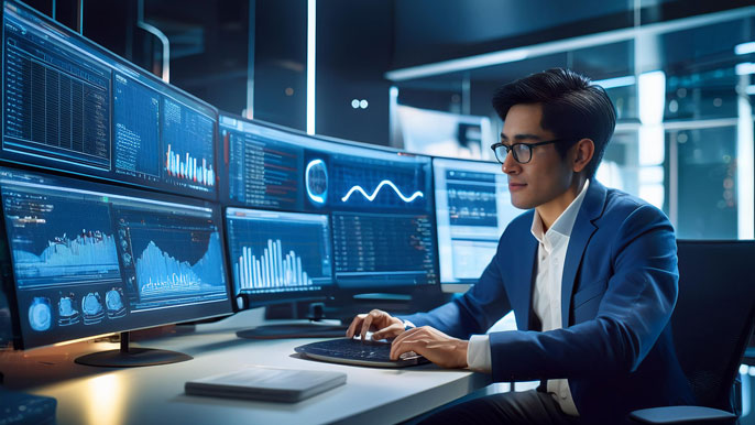 A data scientist analyzing preprocessed data on multiple screens displaying charts and graphs, emphasizing how clean, organized data enhances machine learning model performance.