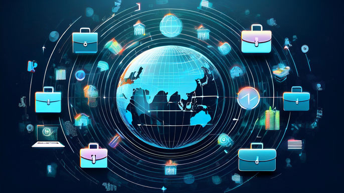 A digital globe surrounded by briefcase icons and business symbols, representing the ease and global opportunities of starting a business in hassle-free countries like New Zealand, Singapore, and Estonia.