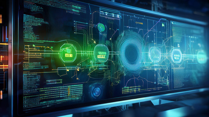 A close-up of a digital CI/CD pipeline with holographic visuals displaying real-time software deployment metrics.