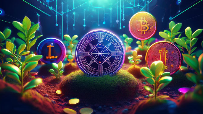 A vibrant digital garden representing an ecosystem of altcoins, featuring Ethereum, Bitcoin, and other cryptocurrencies as growing plants within a blockchain landscape.