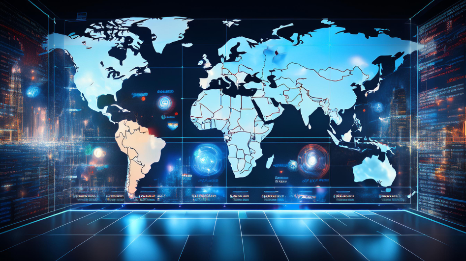 Digital world map highlighting key business events and global connections for 2025, representing an organized calendar of major conferences and forums