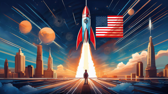 A rocket launching with the U.S. flag in the sky, symbolizing the growth of American startups across industries.