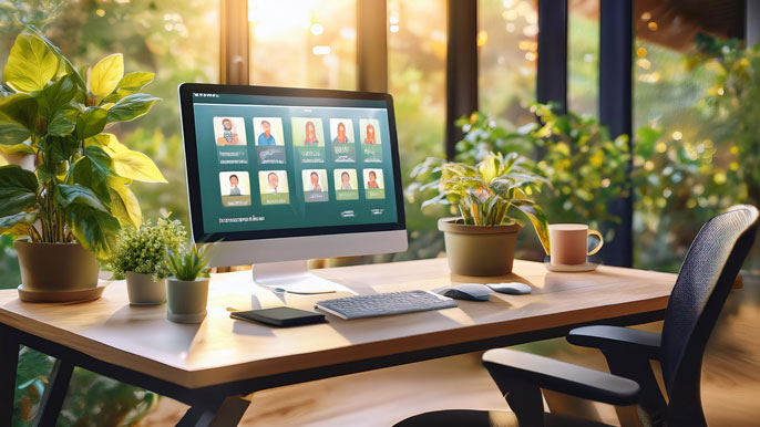 A modern desk with a computer displaying customer reviews and ratings, surrounded by plants and a serene outdoor view, symbolizing a company’s focus on online reputation and corporate social responsibility.