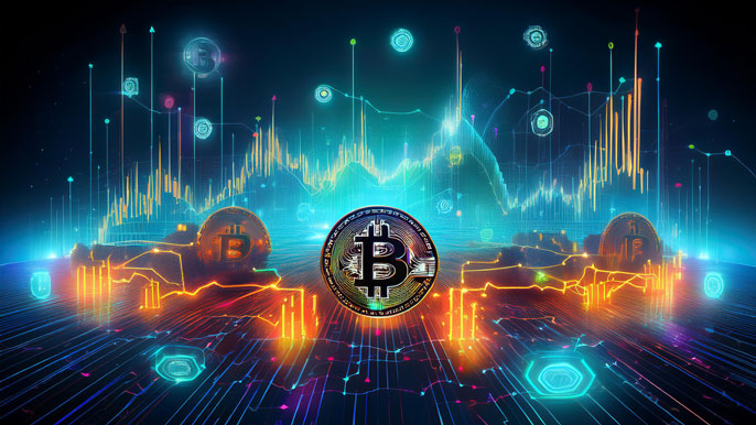 Bitcoin symbol at the center of a futuristic crypto market with glowing charts, blockchain nodes, and vibrant trading visuals.