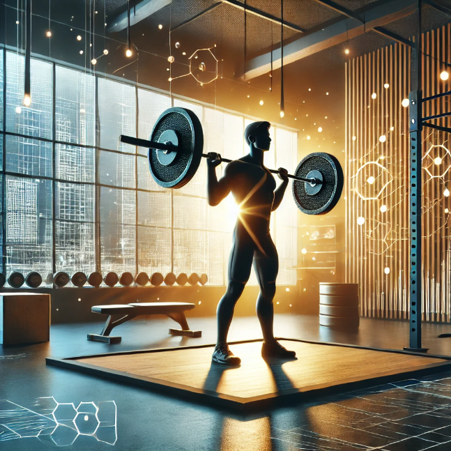 An entrepreneur is lifting a barbell in a modern gym, focusing on building strength and physical fitness.