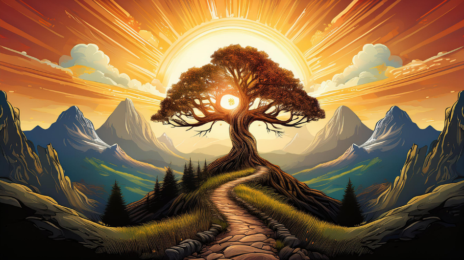 Symbolic landscape with a strong tree under the sun, a winding path through mountains, representing guts, grit, and the journey to entrepreneurial success.