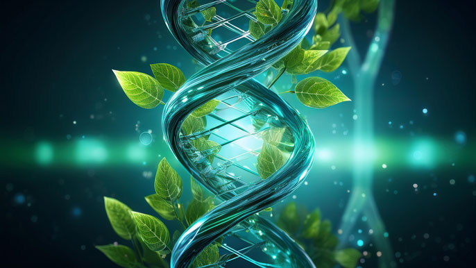 A glowing DNA helix intertwined with green leaves, symbolizing the fusion of biotechnology, nature, and sustainable innovation.