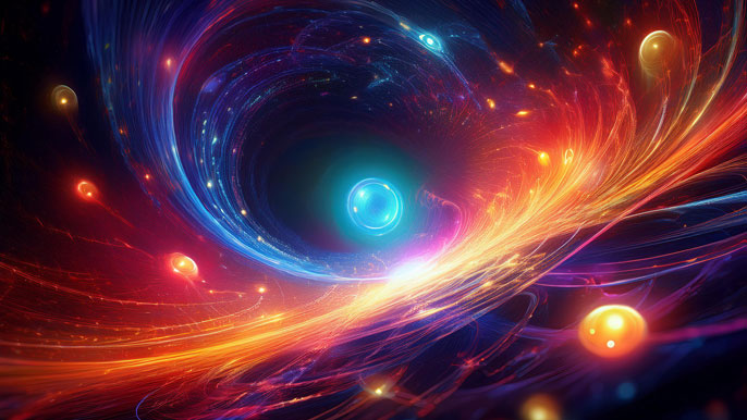 A vibrant visualization of quantum particles appearing and disappearing in a colorful vacuum field, with rippling space-time and glowing energy patterns symbolizing quantum fluctuations.