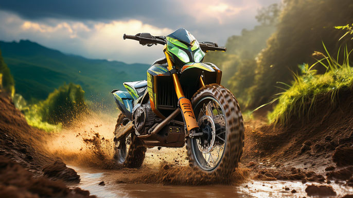 Volcon Grunt EVO electric motorcycle riding through muddy terrain, showcasing its off-road capabilities and eco-friendly design against a lush green backdrop.