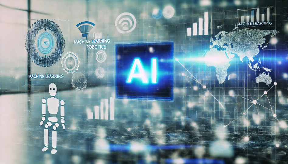 A wide image showcasing futuristic AI technology, including machine learning, robotics, and data processing, symbolizing AI's impact across business sectors and tech stocks.