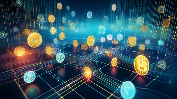 A visualization of various crypto tokens floating within a dynamic blockchain network, symbolizing the vast number of tokens currently in circulation.