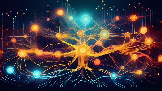 A vibrant visualization of a neural network structure with interconnected layers and nodes, illustrating how data flows through input, hidden, and output layers to generate insights and predictions.