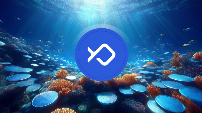 A glowing blue crypto coin surrounded by digital reefs and smaller coins in an underwater scene, symbolizing Bluefin’s role in decentralized finance.