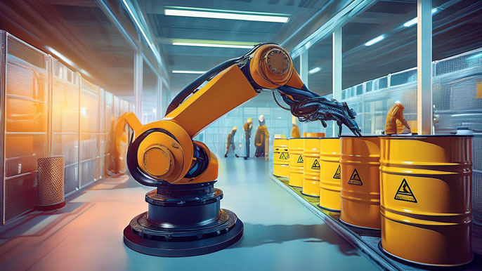 A robotic arm safely handling yellow hazardous waste barrels in an industrial facility, with workers monitoring the process from behind safety barriers.