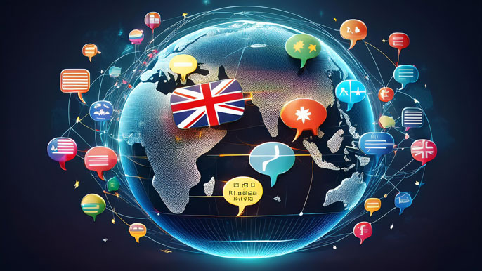 A globe surrounded by colorful speech bubbles displaying various languages and cultural symbols, representing global cross-cultural communication in business.