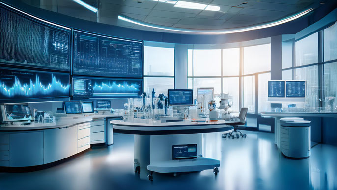 A modern healthcare laboratory showcasing advanced medical devices, glowing digital stock charts, and Medtronic's technological innovations.