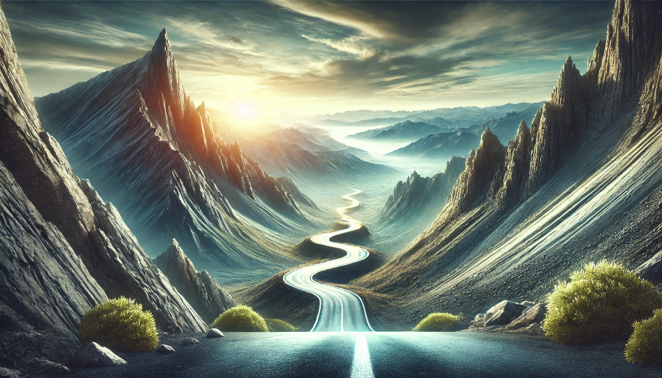 A winding road through a mountainous landscape, symbolizing the challenging journey to business mastery, surrounded by rugged hills and steep cliffs, with a bright horizon in the distance representing growth and success.