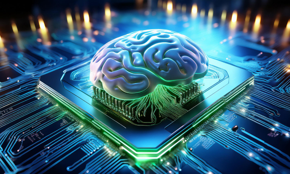 A neuromorphic chip with a brain-like structure on top, symbolizing brain-inspired AI and advanced data processing.