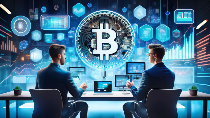 Two professionals analyzing cryptocurrency data on multiple screens, with a prominent Bitcoin symbol and digital charts in a futuristic workspace.