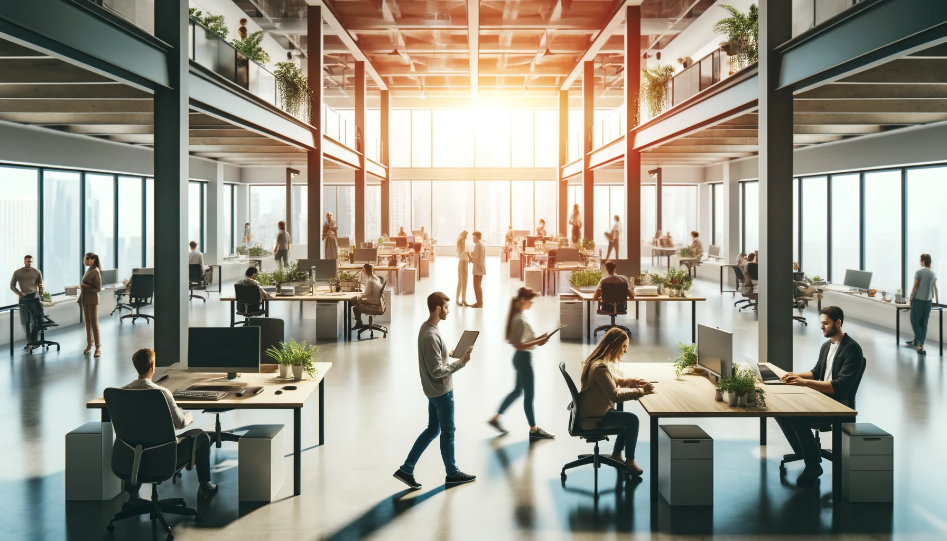 A modern office environment with natural lighting, collaborative workspaces, and employees engaging in various activities, symbolizing a healthy and balanced workplace.