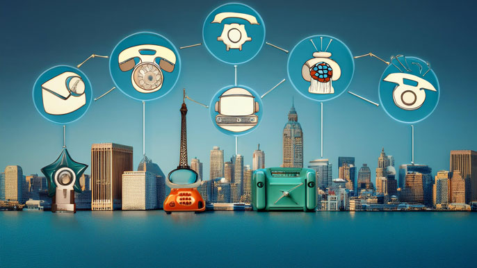 A graphic representation of global communication tools, including retro telephones and radios, connected by lines over a city skyline, symbolizing the evolution of crisis communication in international settings.