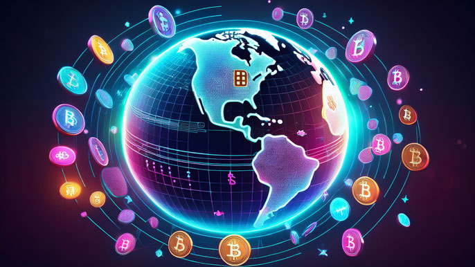 A glowing digital globe surrounded by cryptocurrency icons like Bitcoin and Ethereum, symbolizing global market dominance.