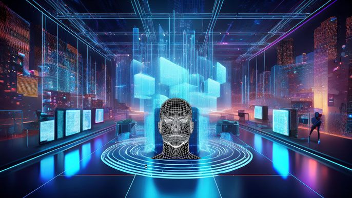 Futuristic AI-powered digital hub with a holographic human head and blockchain data streams, symbolizing Solidus AI Tech's integration of AI and blockchain solutions.