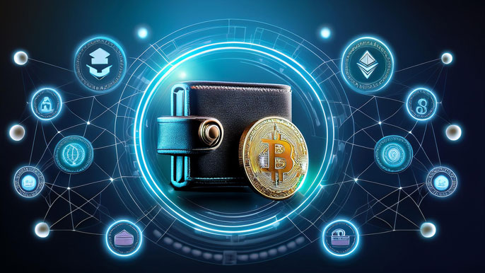 A digital wallet surrounded by privacy-focused blockchain icons and a glowing Bitcoin, symbolizing secure and anonymous cryptocurrency transactions.