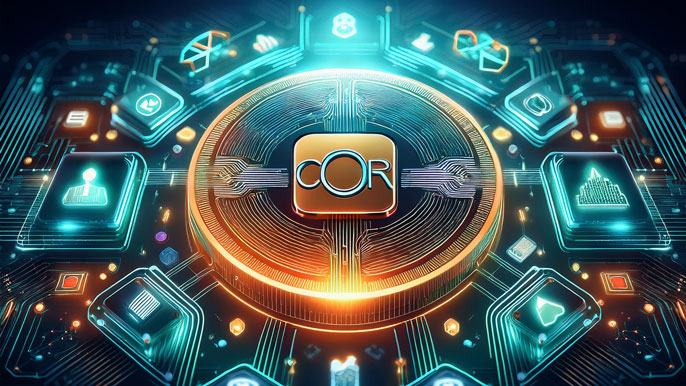 A glowing CRO token at the center of a digital ecosystem surrounded by icons representing staking, payments, and DeFi tools, symbolizing its integration and utility within the Crypto.com platform.