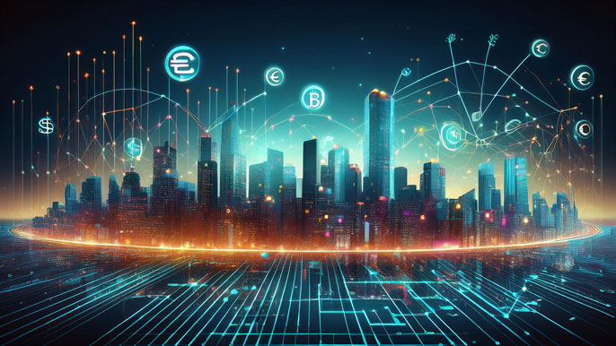 A futuristic city skyline connected by glowing financial symbols and digital graphs, symbolizing the integration of economic systems through Dynamic Stochastic General Equilibrium (DSGE) modeling.