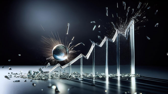 A glass financial chart shattered by a bouncing ball, symbolizing the fragile and short-lived nature of a Dead Cat Bounce in the stock market.