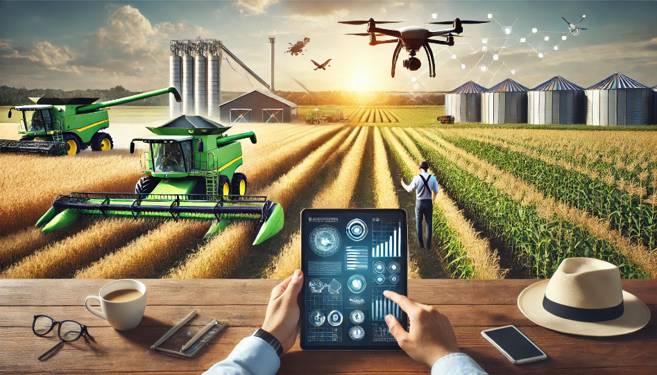 Modern agricultural scene with automated machinery, a farmer using a drone, and a digital tablet displaying crop data.