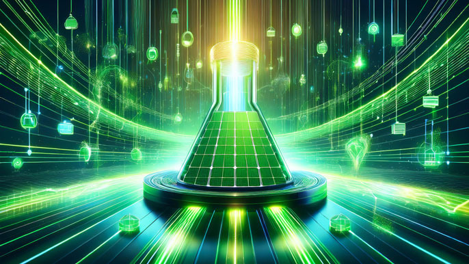 A glowing energy reactor surrounded by green light streams transforming into chemical flasks, solar panels, and rising stock arrows, symbolizing innovation and growth in clean energy and specialty chemicals.